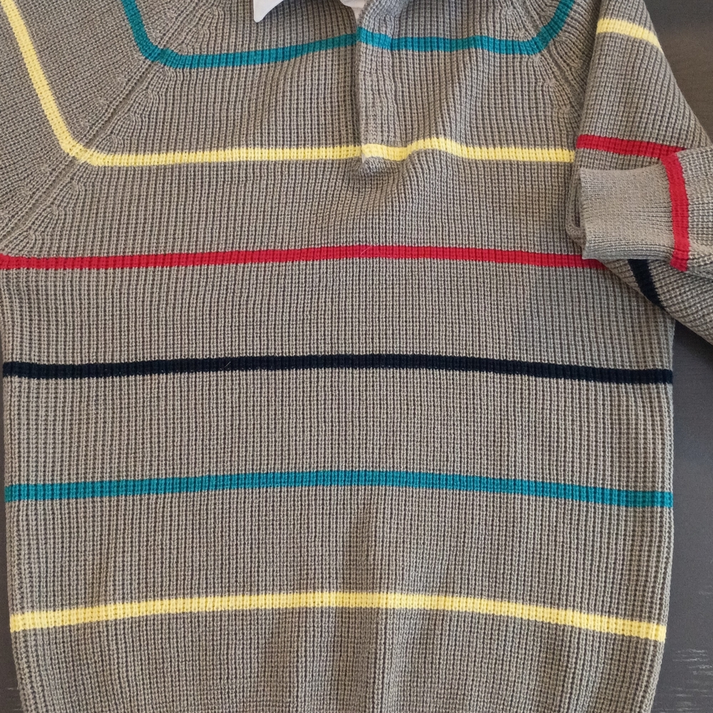 Men's Striped Zip-Up Sweater - Tan with Red, Yellow, and Teal Accents